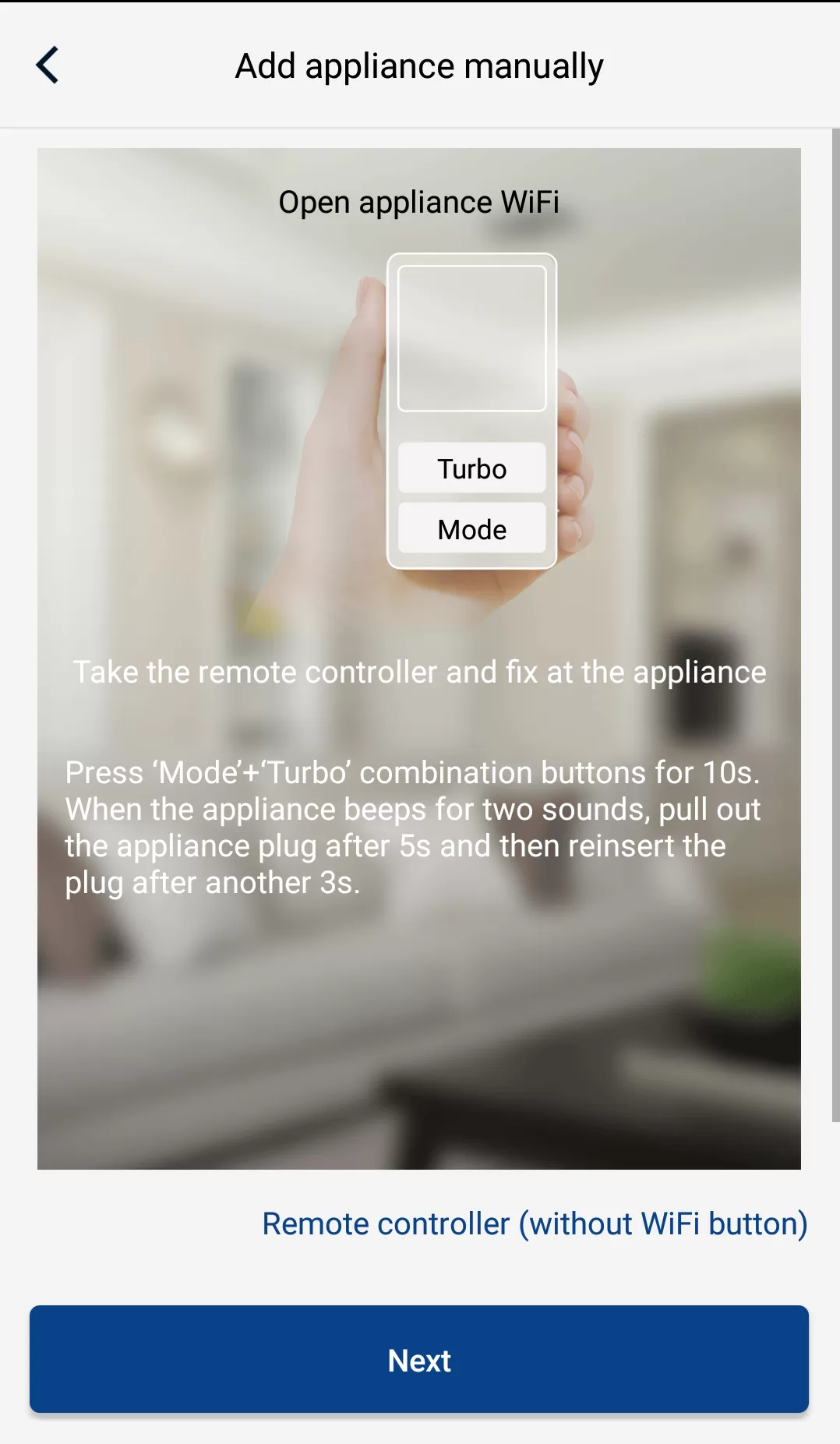 После настройки и включения кондиционера, нажмите “Add appliance manually”